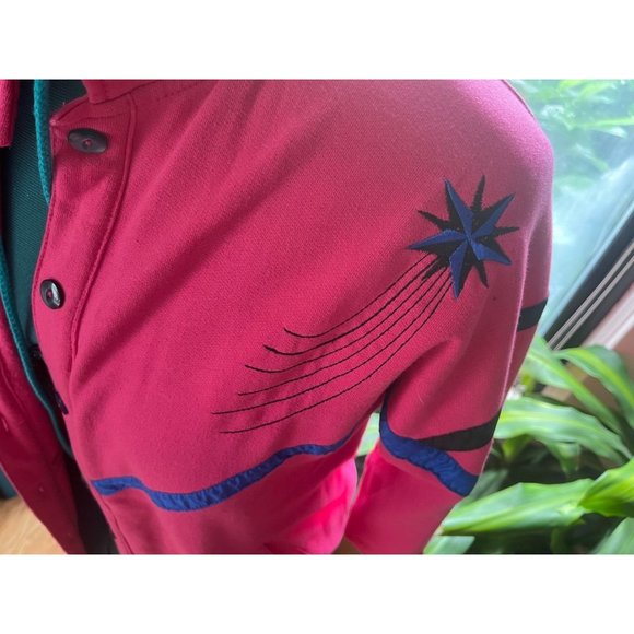 80s Hot Pink Oversized Jacket with Blue + Green Geometric Shooting Stars Embroid - Picture 2 of 5